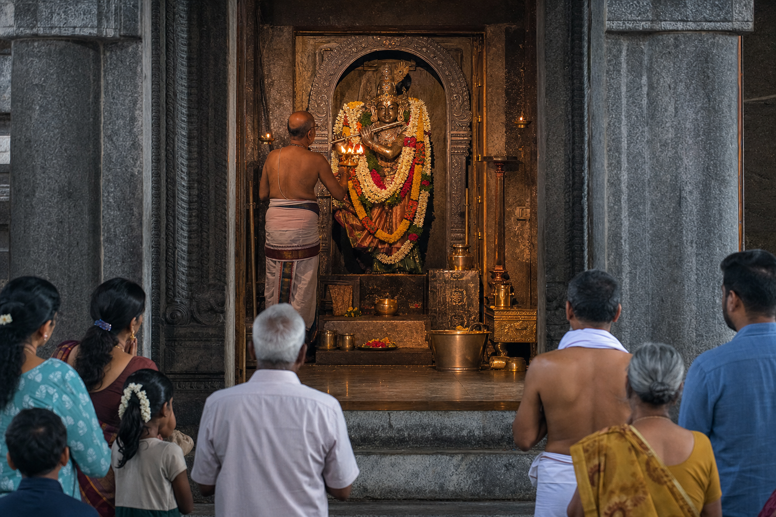 Visitors and devotees observe from a respectful distance as a priest offers a lamp before an adorned Krishna image inside a pillared Tamil temple hall.