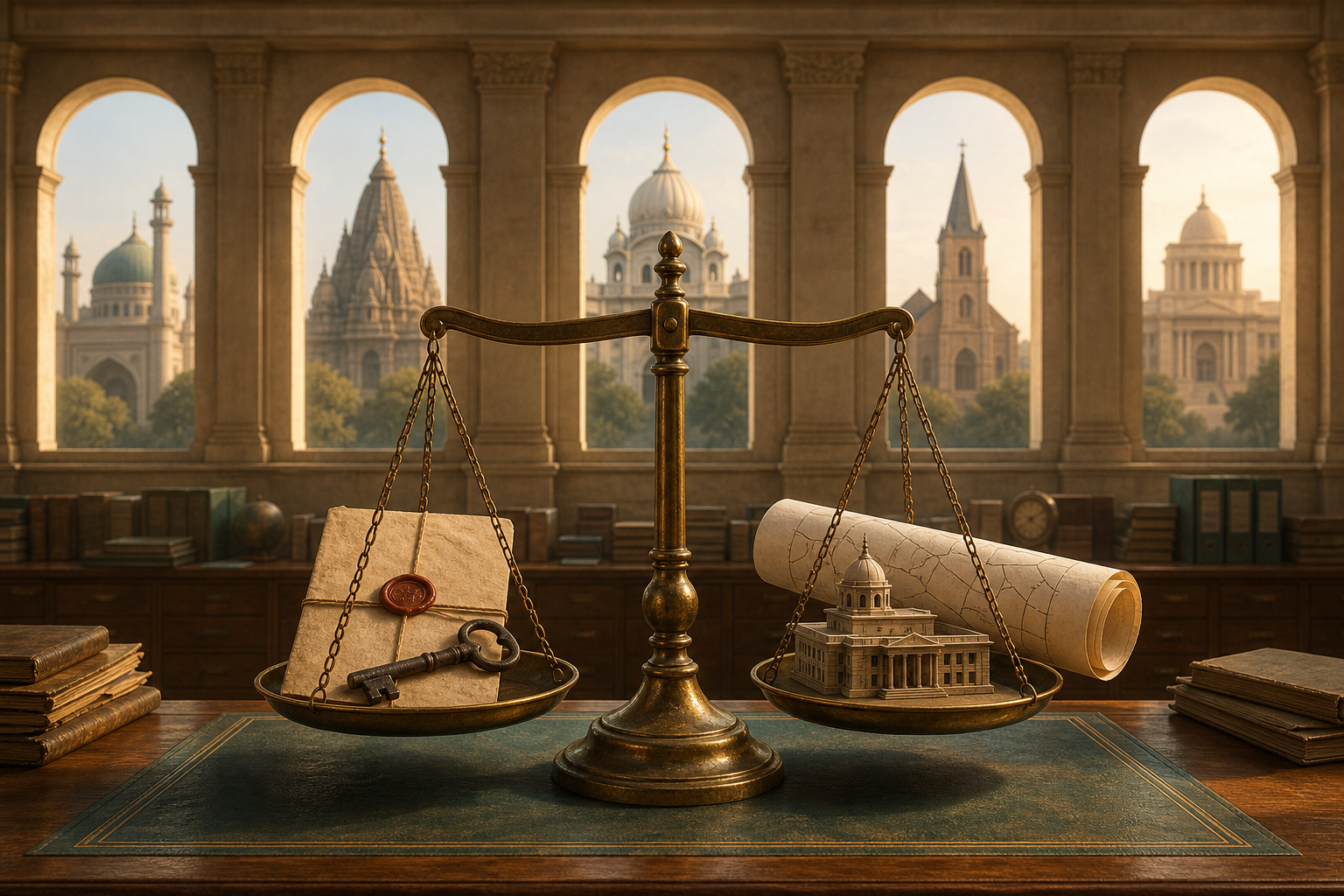 A brass balance scale holds property records, a key and a public building model in a records room, with civic and religious buildings in the background.
