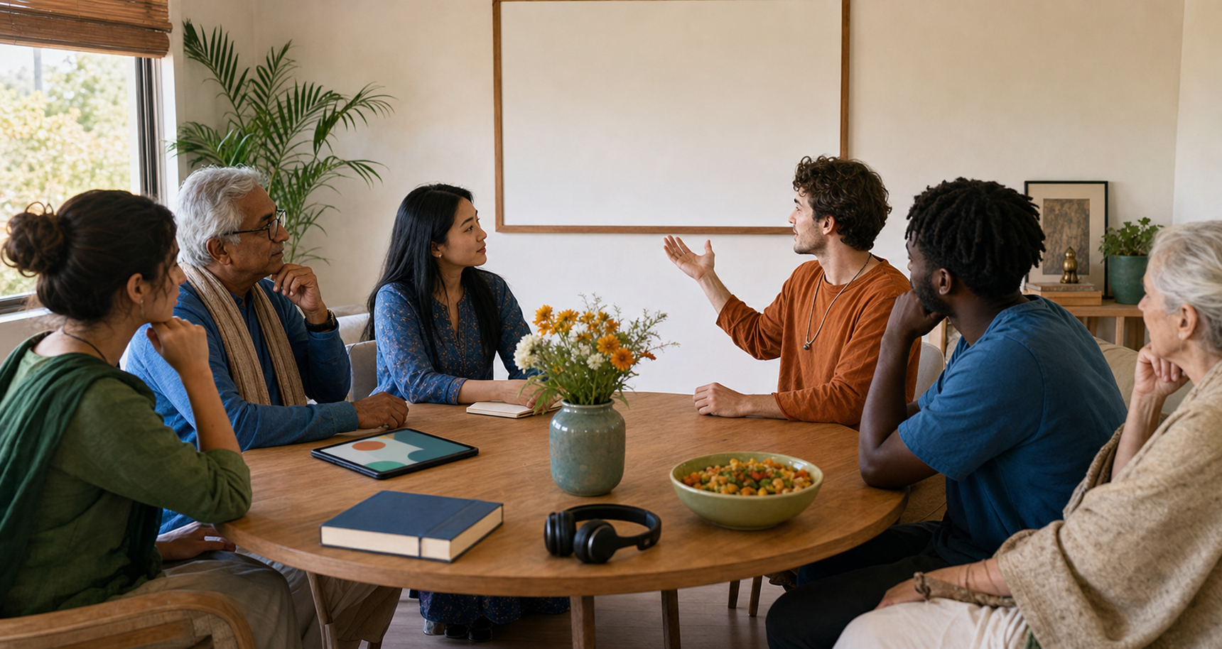 A diverse volunteer group plans outreach around a table holding a book, tablet, headphones, flowers and shared vegetarian food.