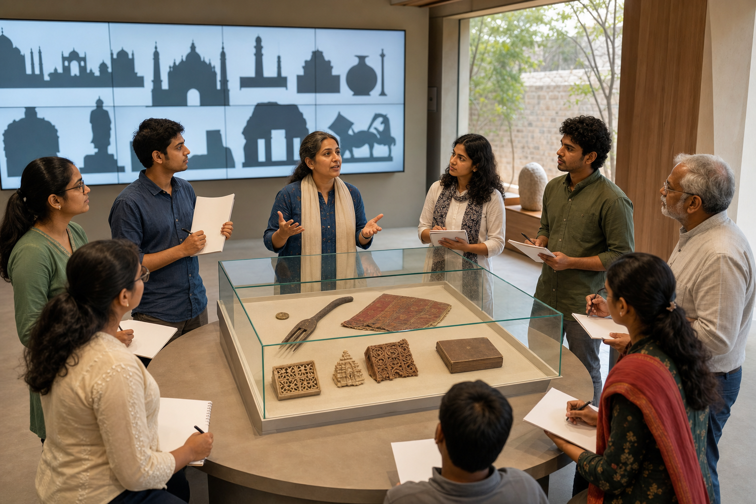 Students and adult visitors discuss coins, tools, textiles, carved fragments, and a manuscript in a modern museum learning space.