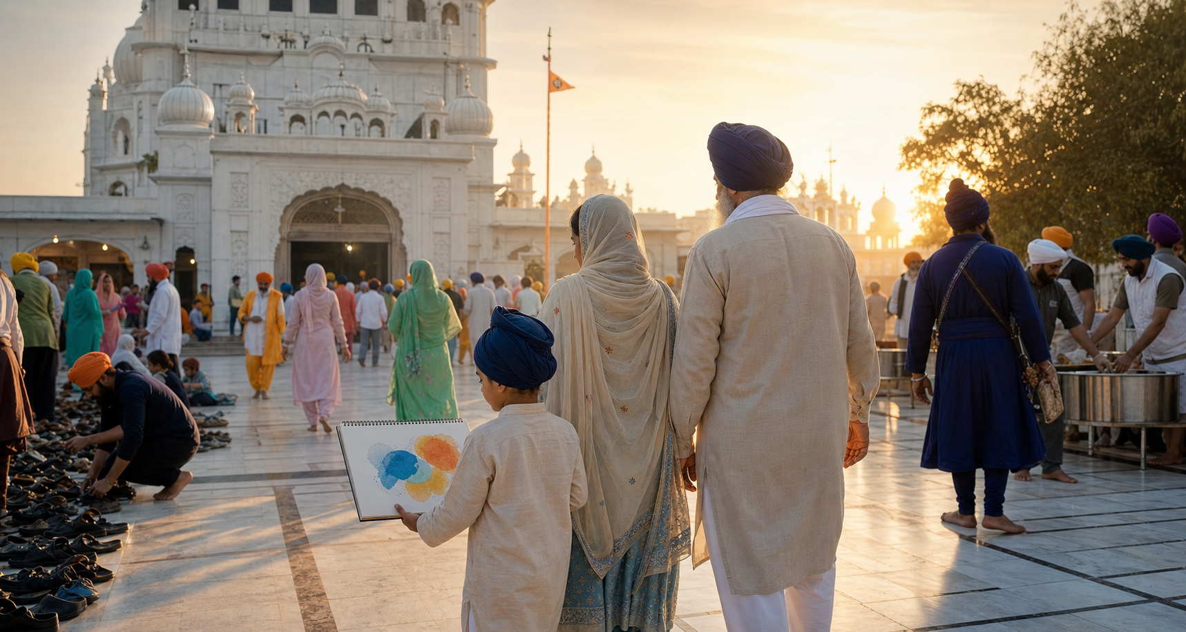 An intergenerational Sikh community gathers in a historic gurdwara courtyard at sunrise as volunteers prepare for worship and langar.