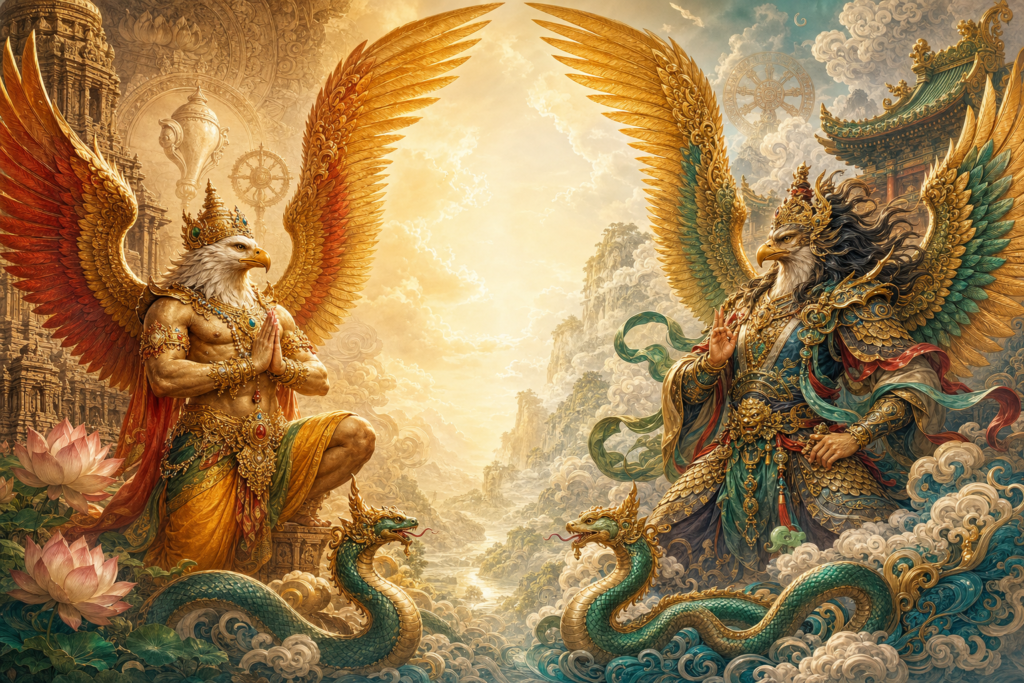 Garuda and Dapeng Jinchi Mingwang face inward beneath golden wings, with nāga serpents, temples, lotus flowers and celestial clouds.