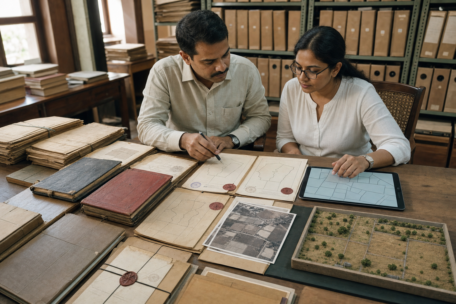 Surveyors inspect land beside a temple in one scene while officials examine the interior of a government building containing temporary religious objects in another.