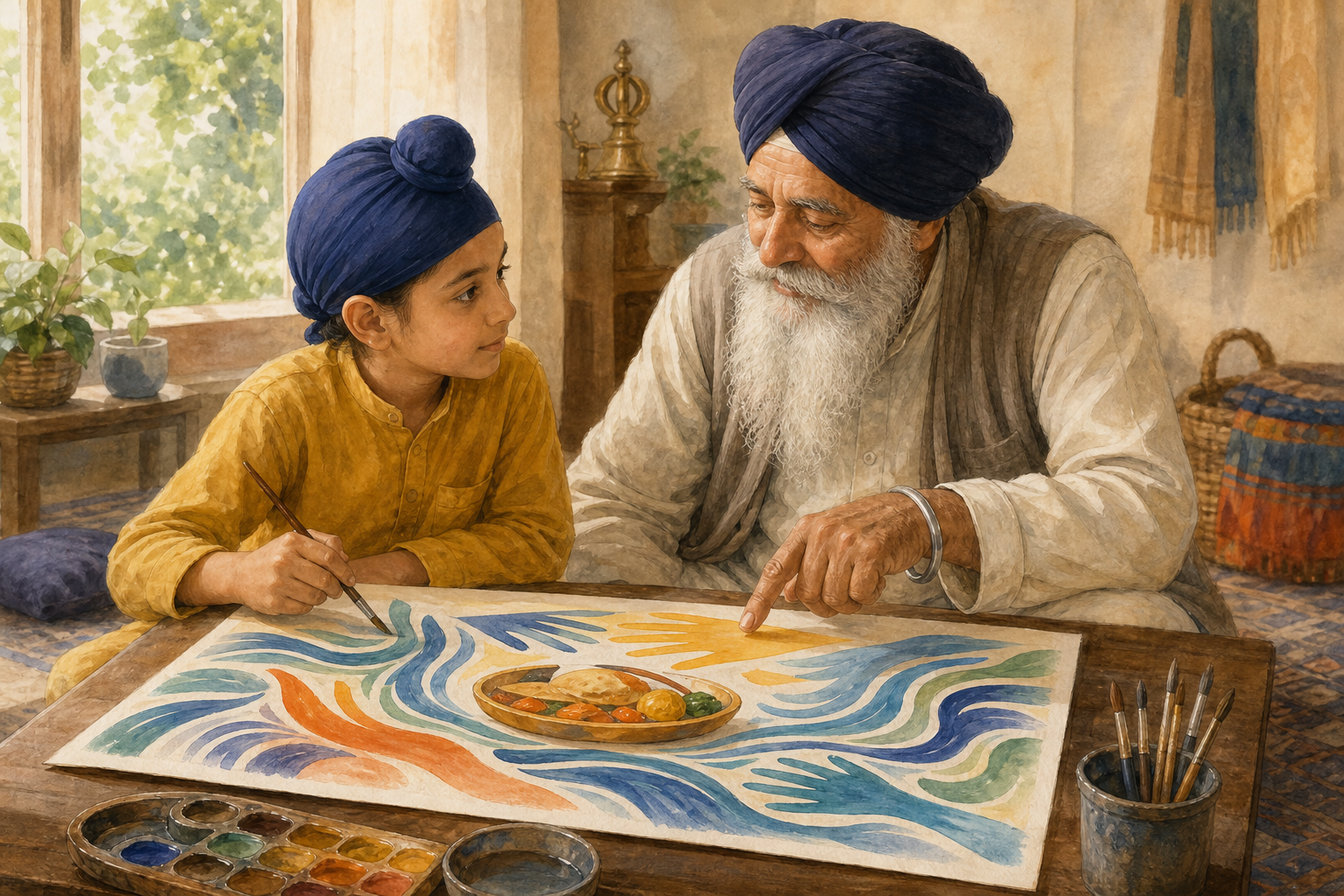 A Sikh adult wearing a blue dastar and steel kara sits in quiet meditation beside a window at dawn.