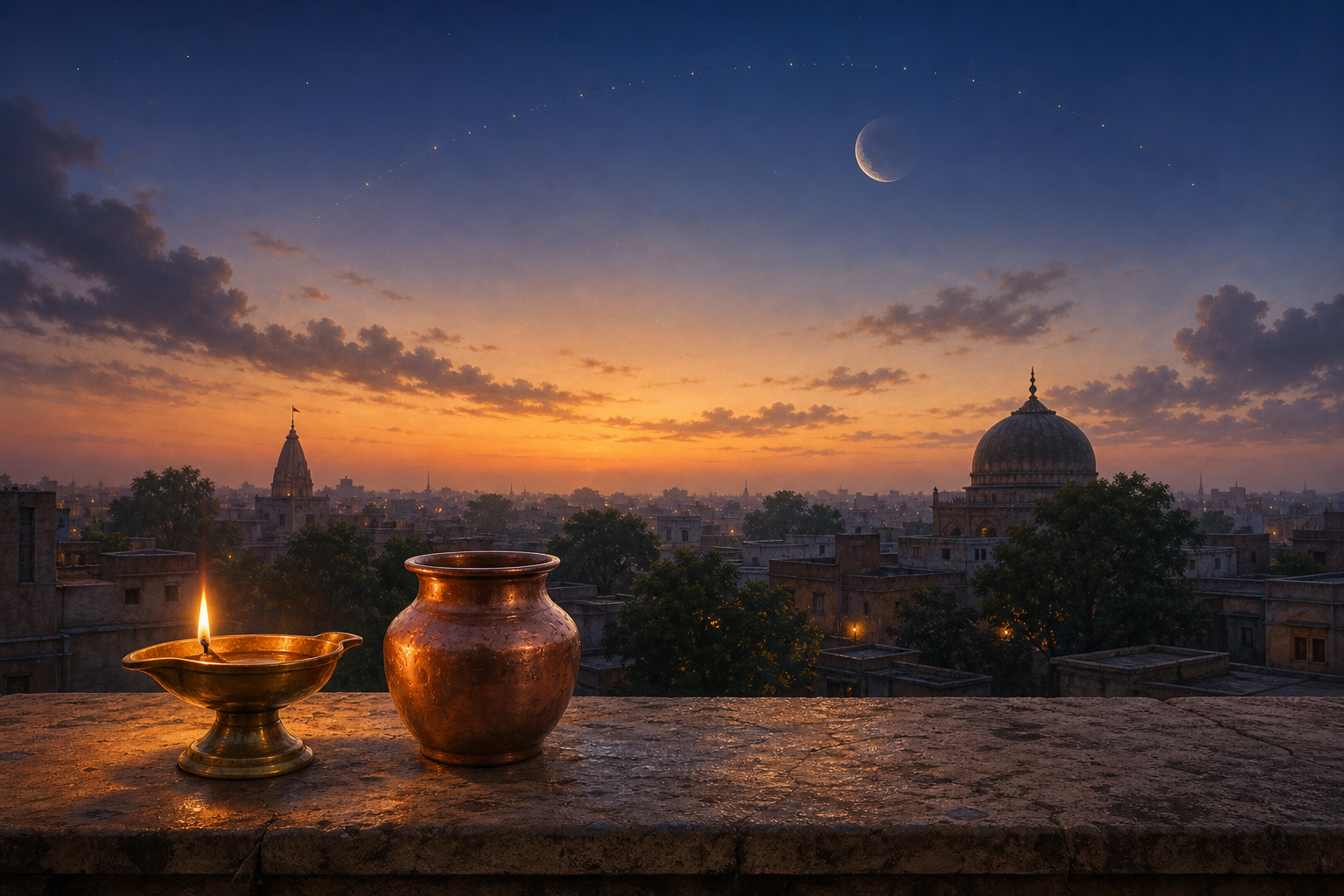 Brass oil lamp and copper vessel on a New Delhi rooftop beneath a waning moon before sunrise.