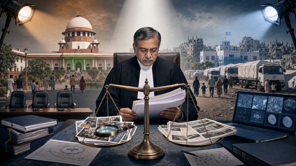 Editorial illustration of Justice S. Muralidhar reviewing an international inquiry dossier beside scales of justice, contrasting media reports, an Indian court and war-damaged Gaza.