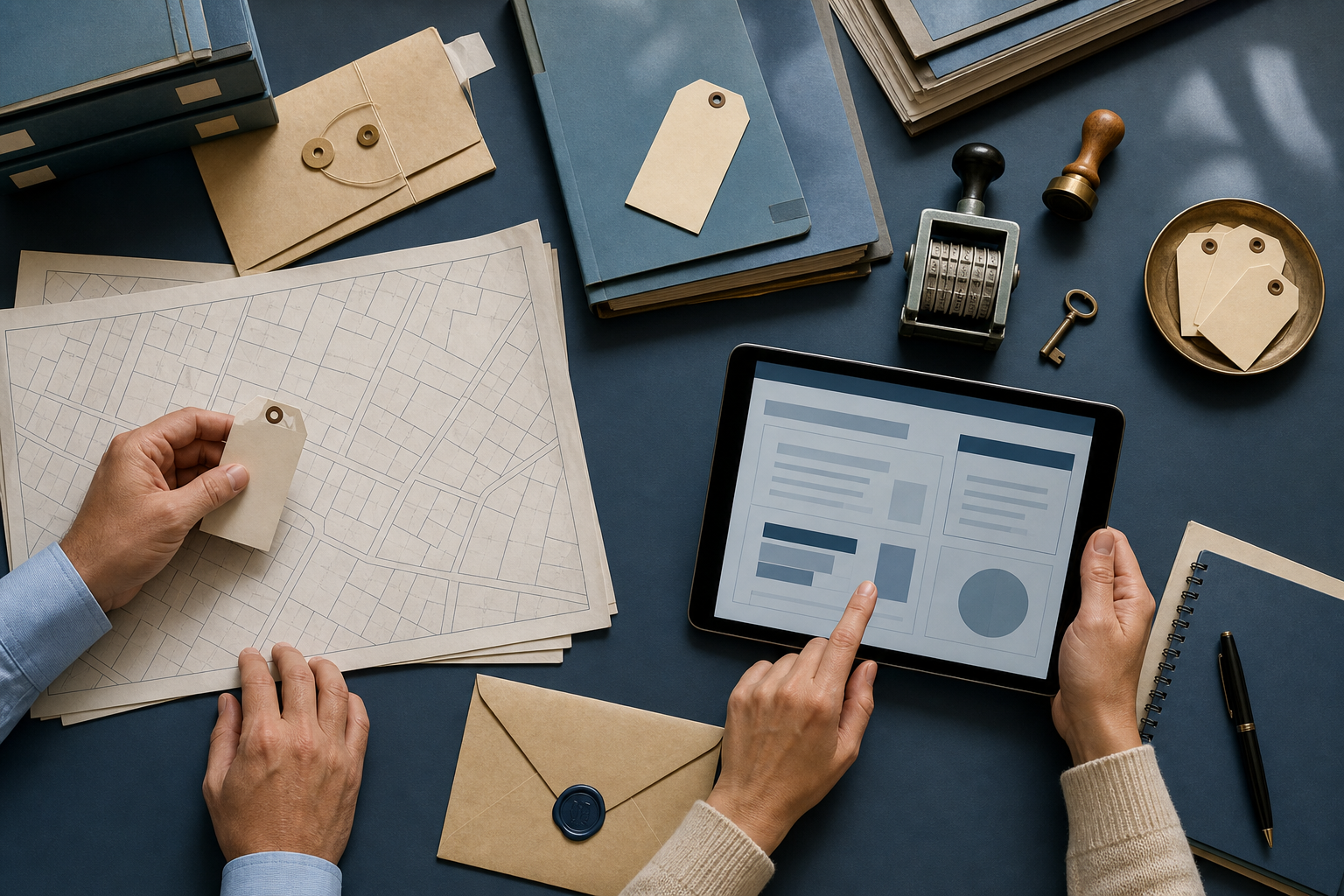 Two officials compare paper maps, folders, a key, sealed evidence, and a digital property record on an organized desk.