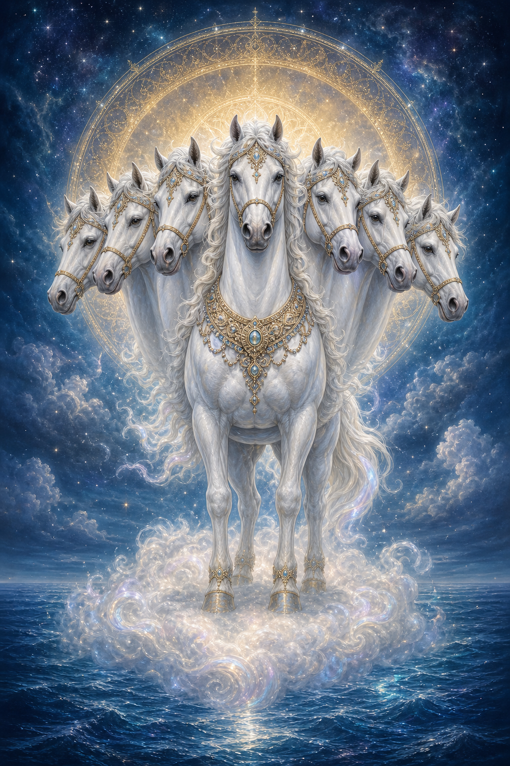 A radiant seven-headed white celestial horse stands on a cloud above a glowing cosmic ocean.