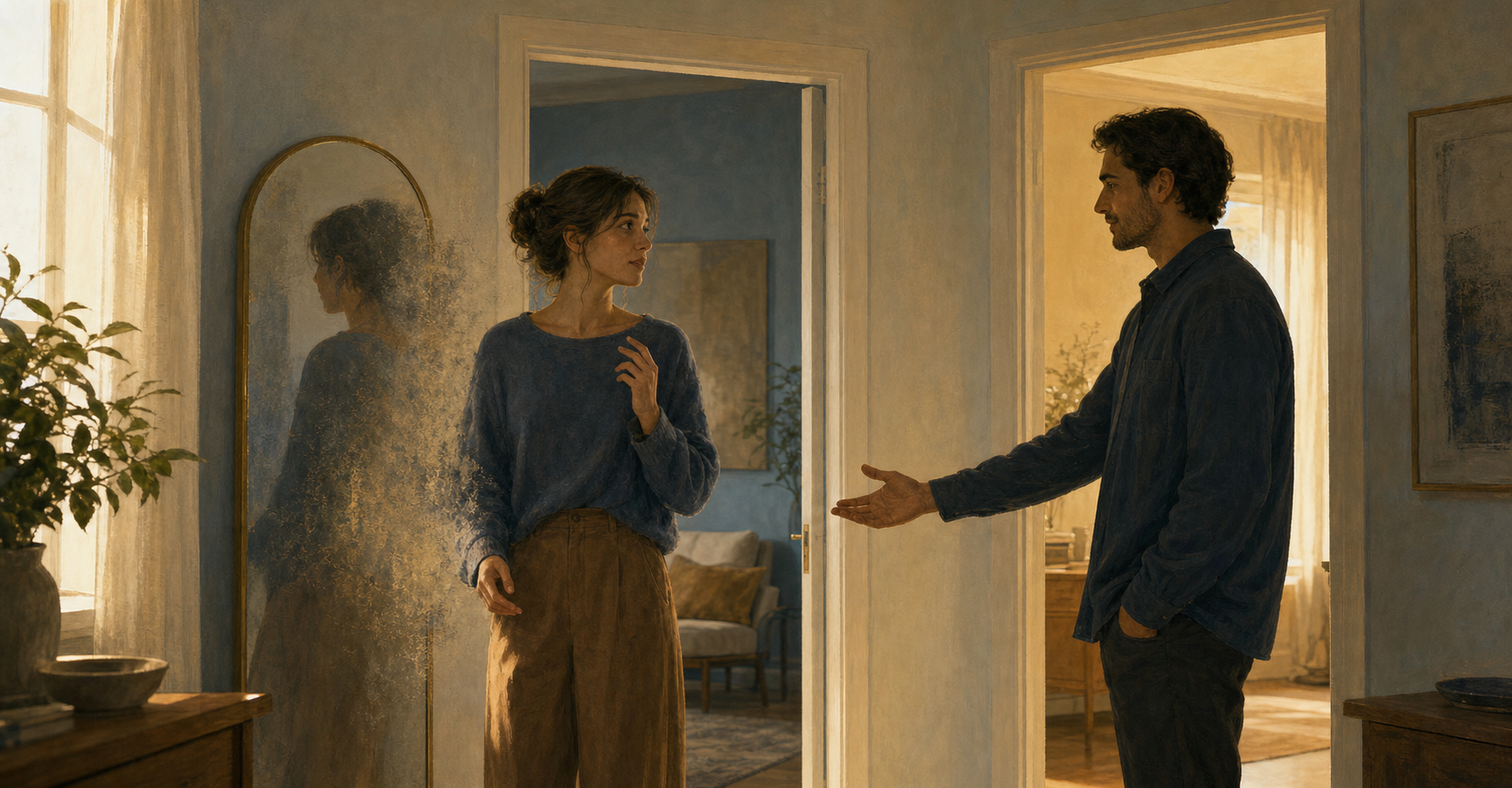 An adult turns toward another person's extended hand while their reflection fades into the wall beside them.