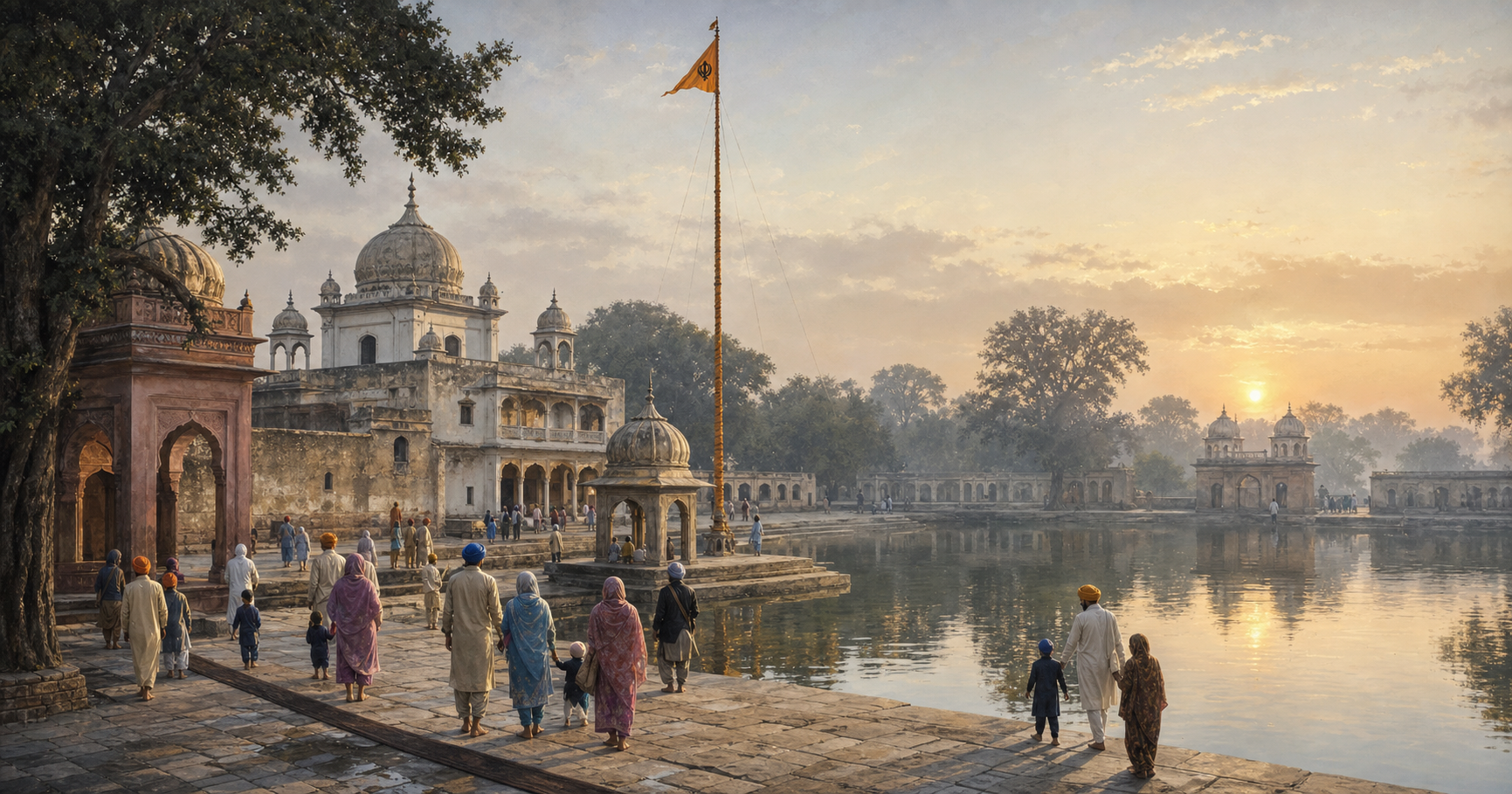 Visitors walk beside a reflective pool at a historic-style Sikh gurdwara complex with a saffron flagpole.