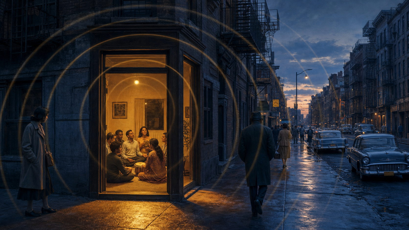 A small devotional chanting circle gathers inside a warmly lit 1960s Manhattan storefront at dusk.