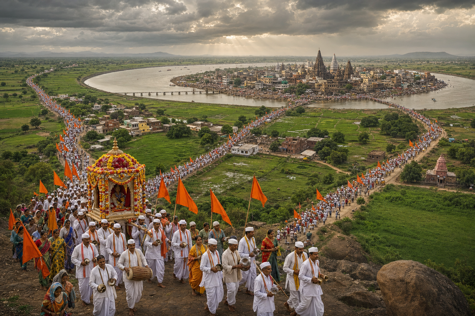 Several groups of Wari pilgrims converge with a decorated palkhi near the Chandrabhaga River and the temple town of Pandharpur.