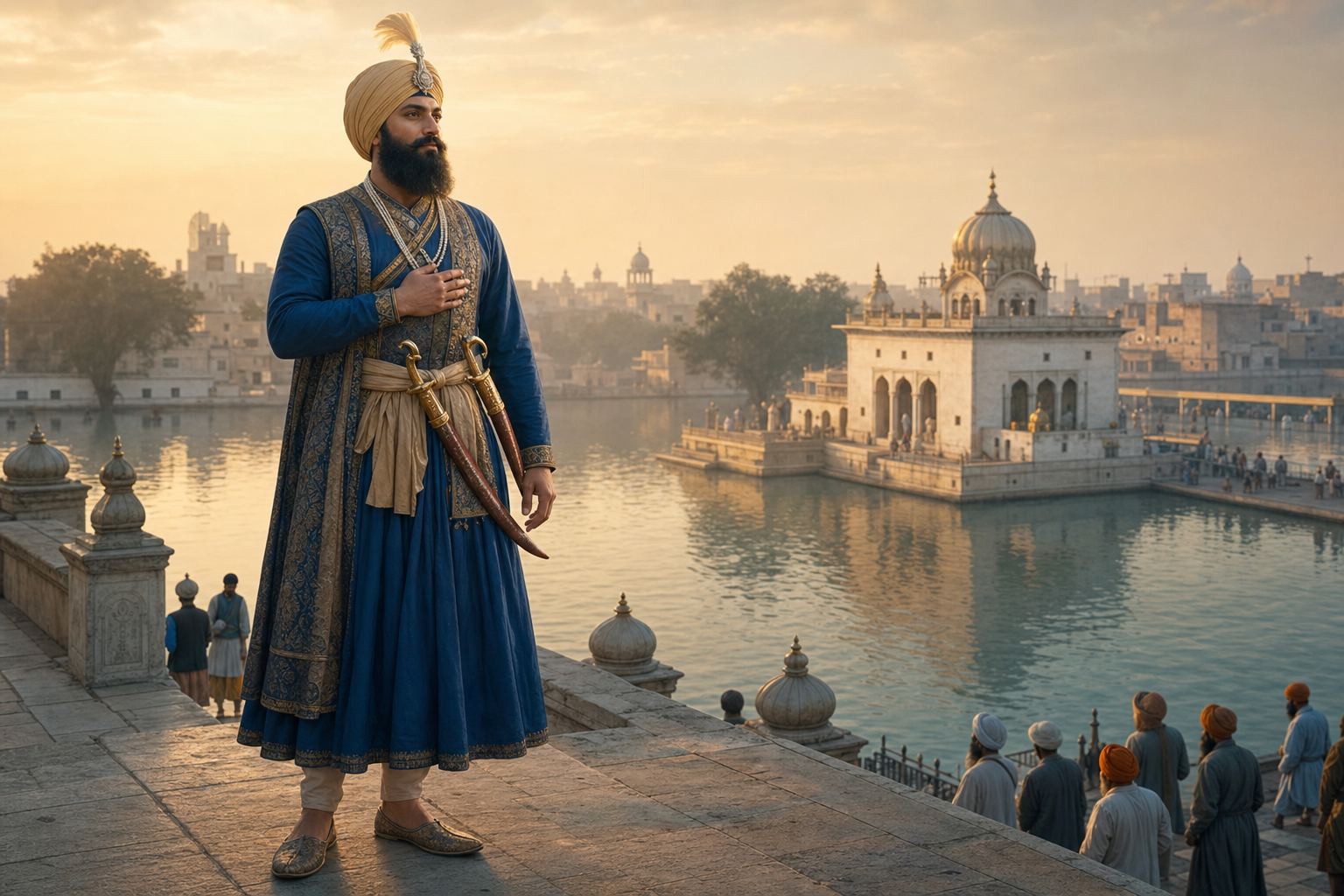 Guru Hargobind Sahib stands calmly with two sheathed swords beside the sacred pool in early seventeenth-century Amritsar.