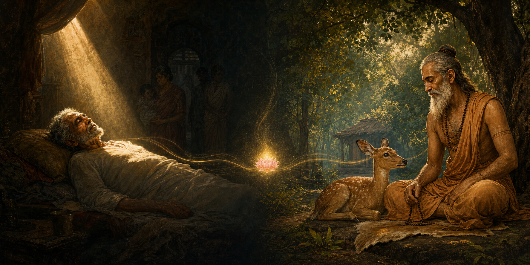 A symbolic diptych shows the elderly Ajamila receiving golden light in a darkened room and the ascetic Bharata watching a young deer beside his forest hermitage.