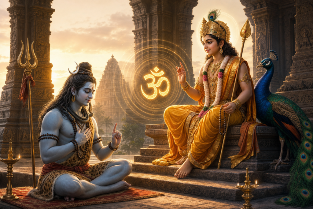 Lord Shiva sits humbly before youthful Skanda teaching the sacred Om beside a peacock in a South Indian temple.