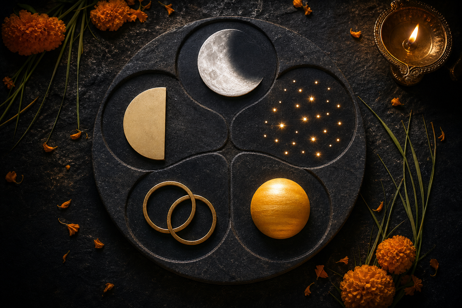 Five symbolic objects representing the Panchang limbs are arranged in a circular pattern with marigold petals and warm lamp light.
