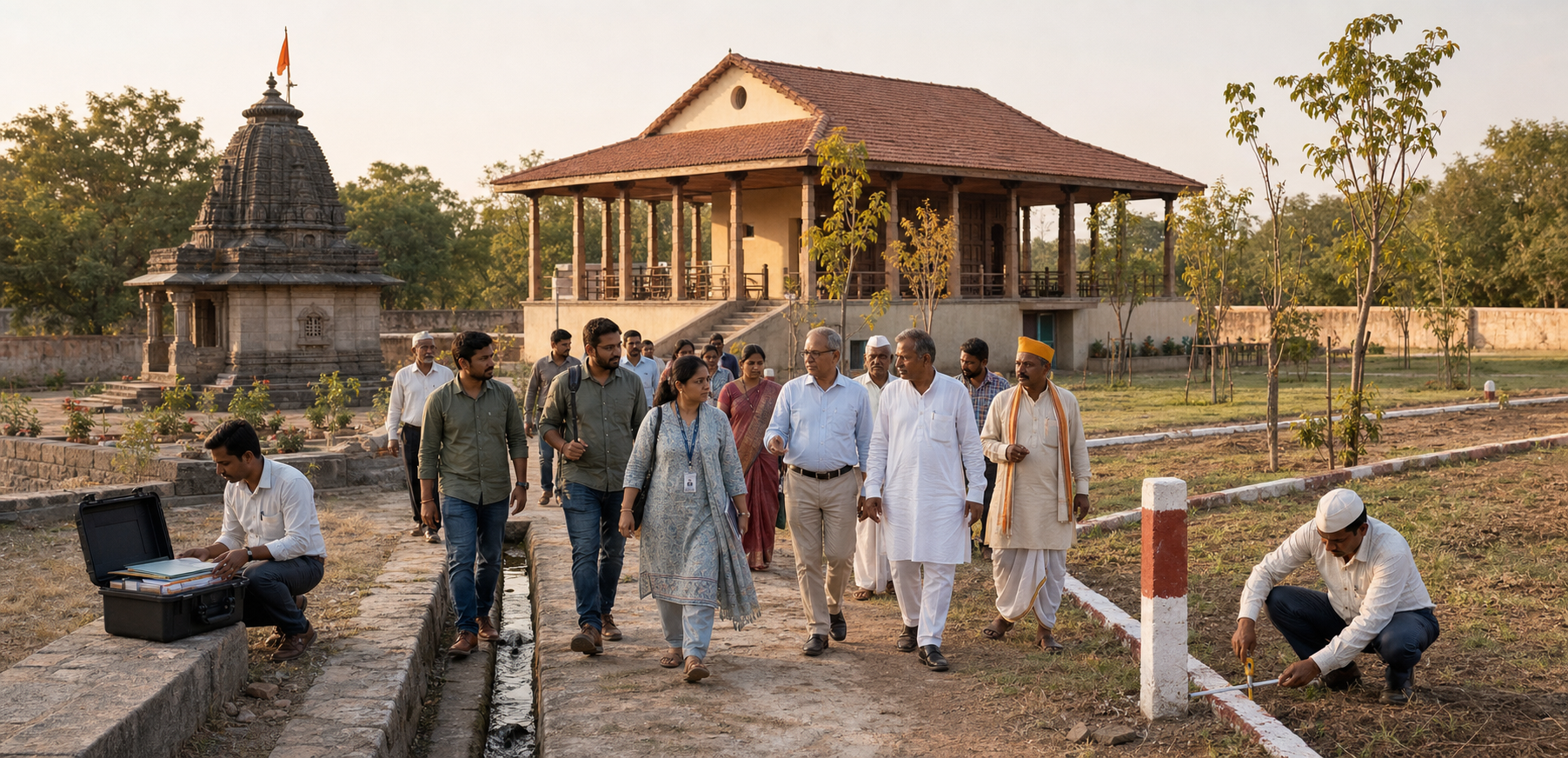 Residents, trustees, administrators, and conservation workers inspect a maintained religious and civic compound with clear boundaries and organized records.