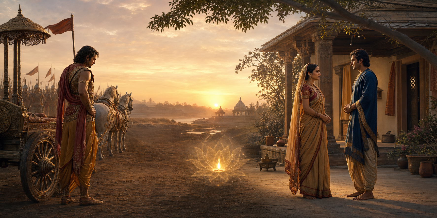 A warrior by a chariot and a married couple in a courtyard are joined by a steady golden flame at the center of the scene.