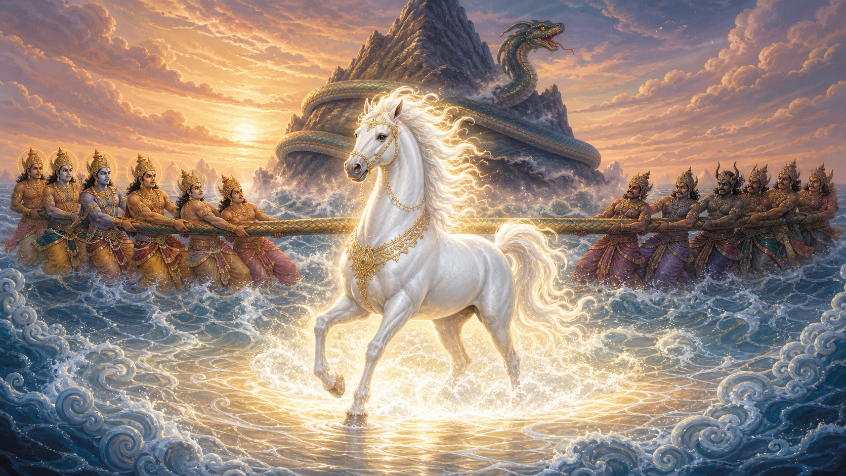 A white celestial horse emerges from the Ocean of Milk as divine and anti-divine beings churn the sea around a mountain.