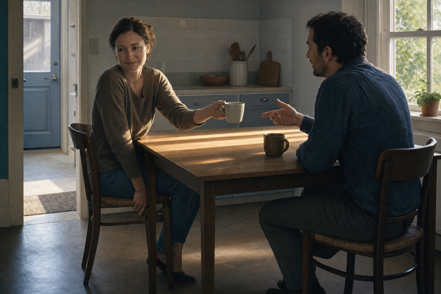 A seated adult politely hands their cup to a companion while gripping the chair beneath the table.