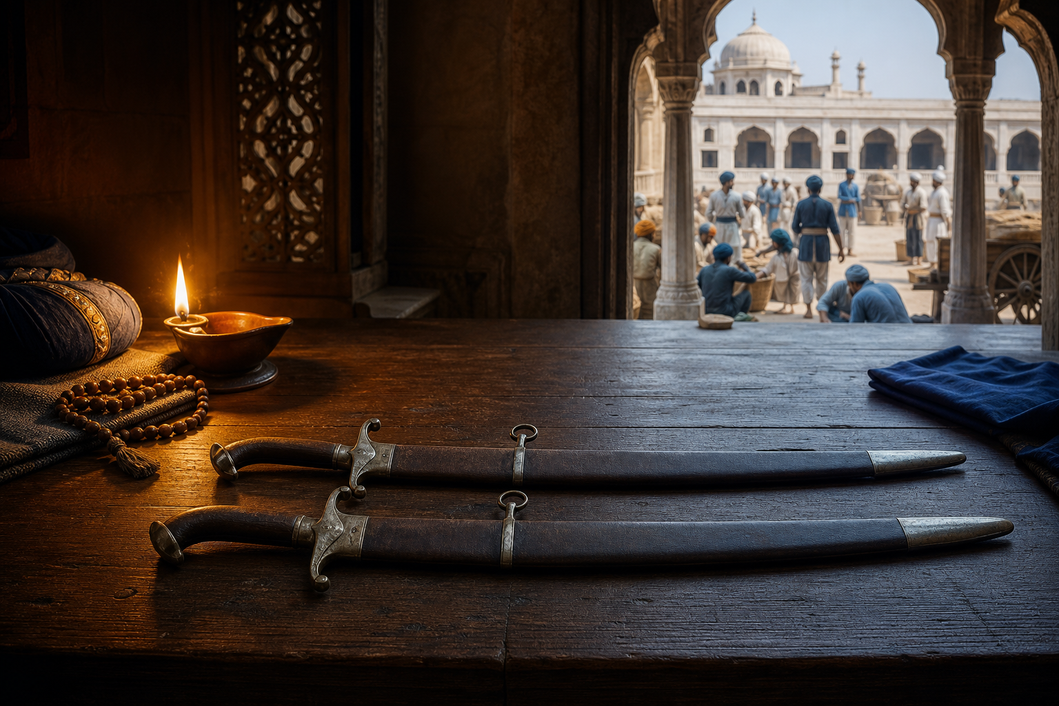 Two parallel sheathed swords lie between an oil lamp and an open courtyard, symbolizing balanced spiritual and temporal responsibility.
