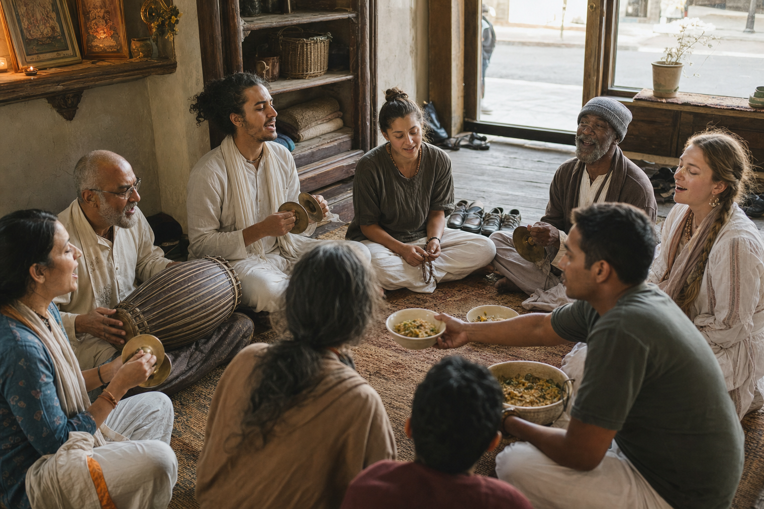 People seated in a storefront room chant with cymbals and a drum while sharing bowls of vegetarian food.