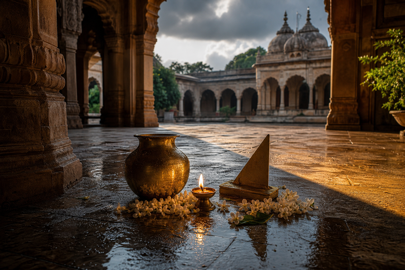 Sunlight and shadow overlap around a brass vessel, oil lamp, jasmine flowers, and an unmarked gnomon in a stone courtyard.