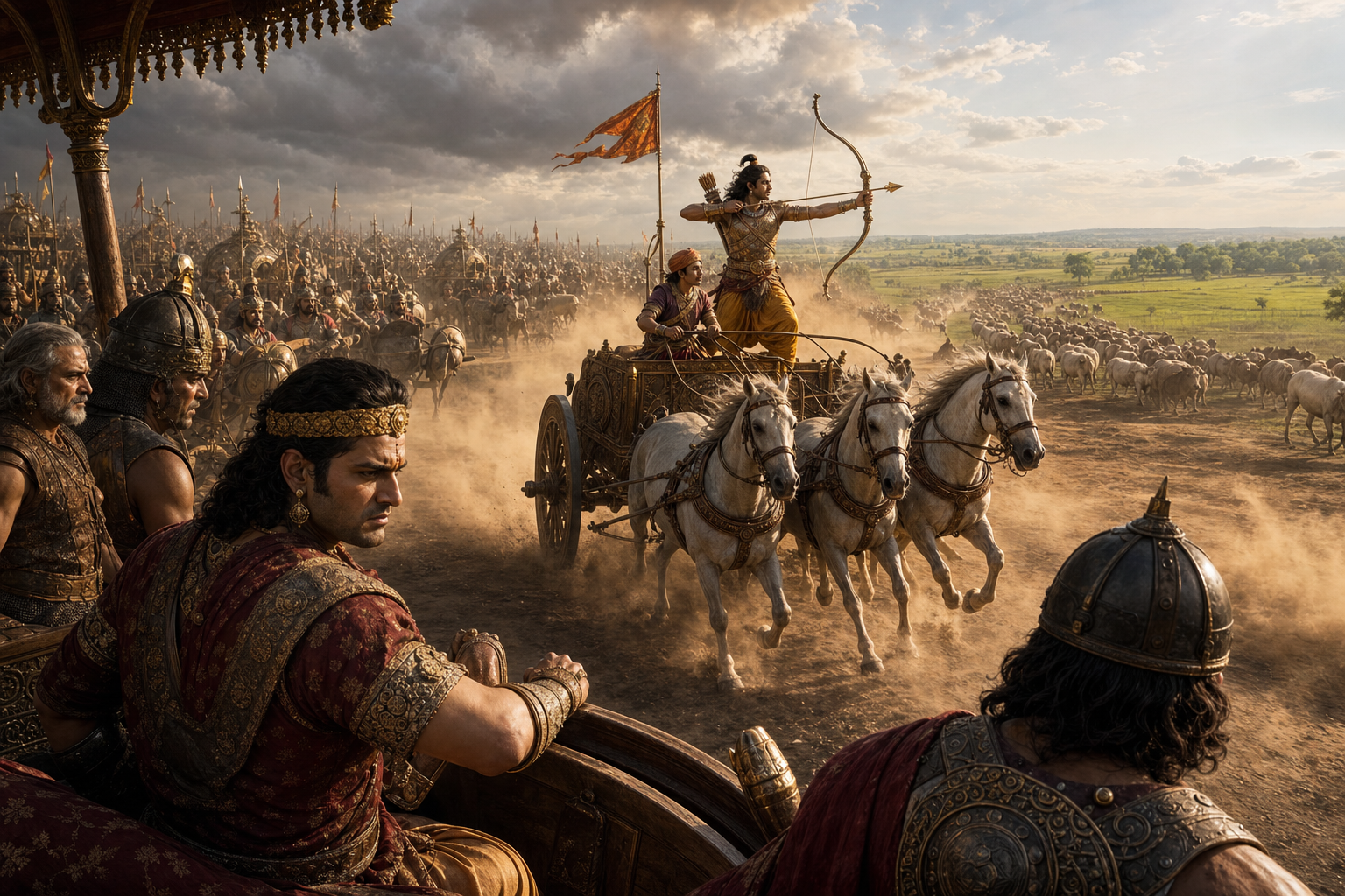 Arjuna stands with his bow on a chariot as the Kaurava army retreats and recovered cattle return toward Matsya, while Duryodhana watches from the foreground.