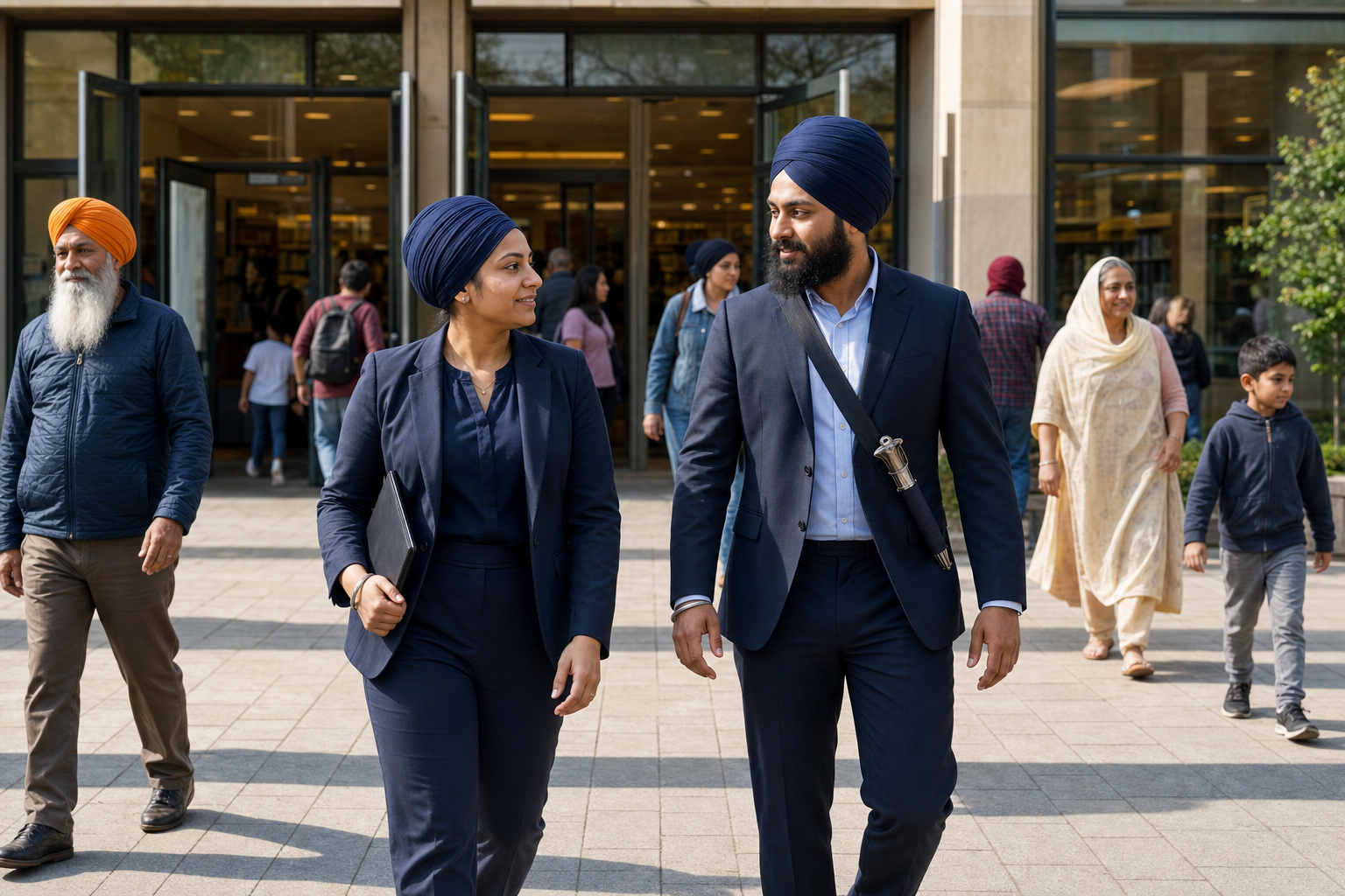 Two Sikh adults wearing turbans walk with other community members through a public plaza toward an open civic building.