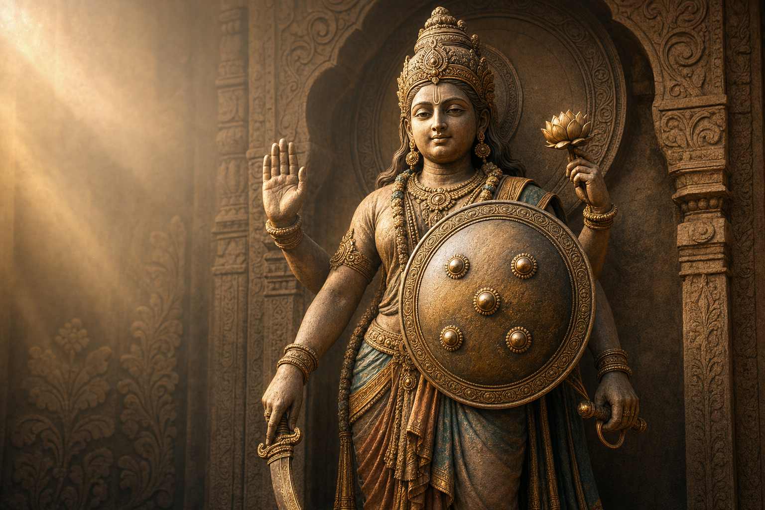 Multi-armed Hindu divine guardian holding a circular khetaka shield, lowered sword and lotus in a carved temple niche