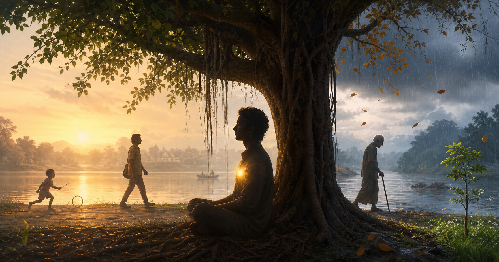 A seated figure with a steady light at the heart remains still as seasons and stages of life change around a banyan tree.