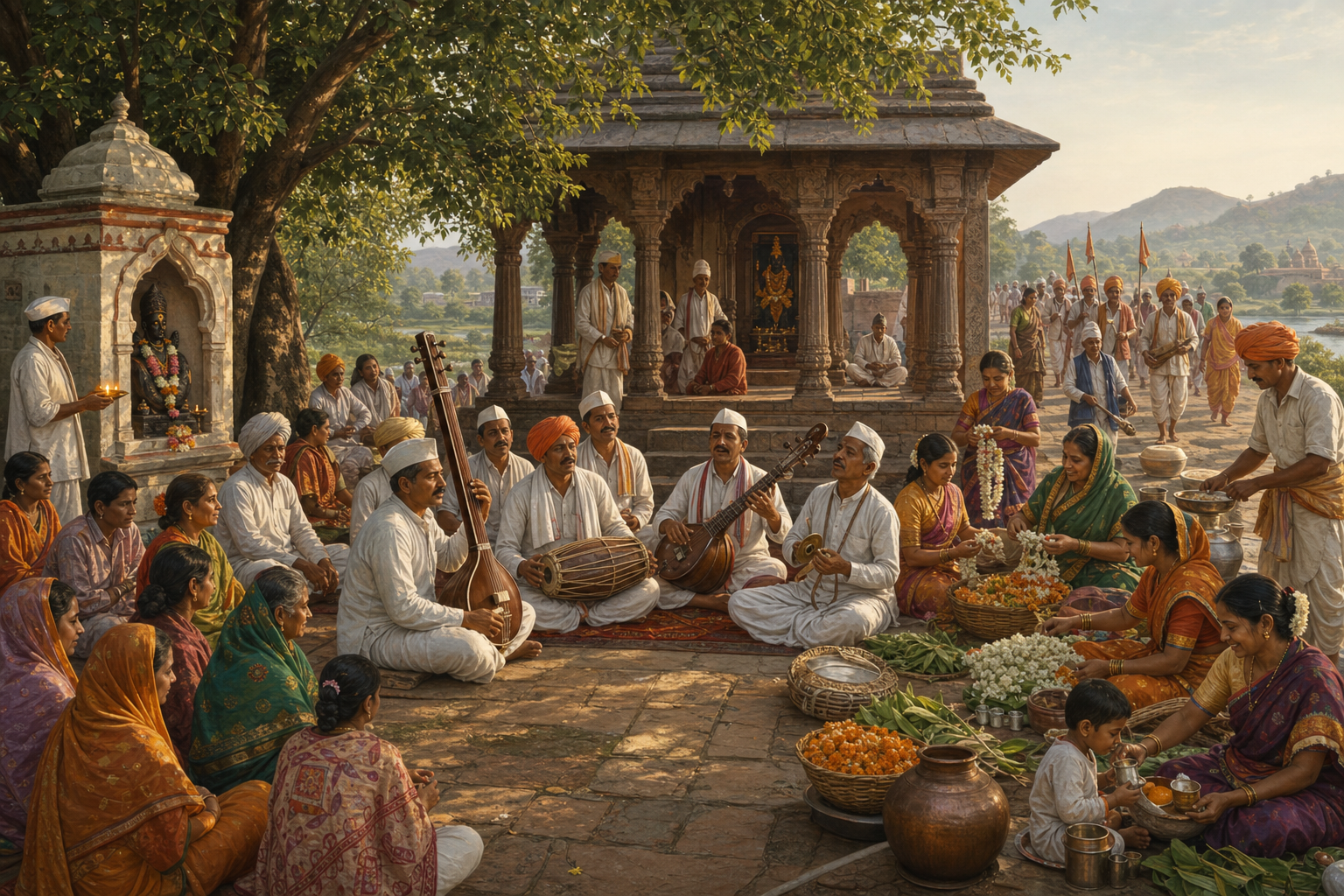 Regional devotional communities sing, tend a village shrine, make garlands, and prepare food and water for pilgrims.