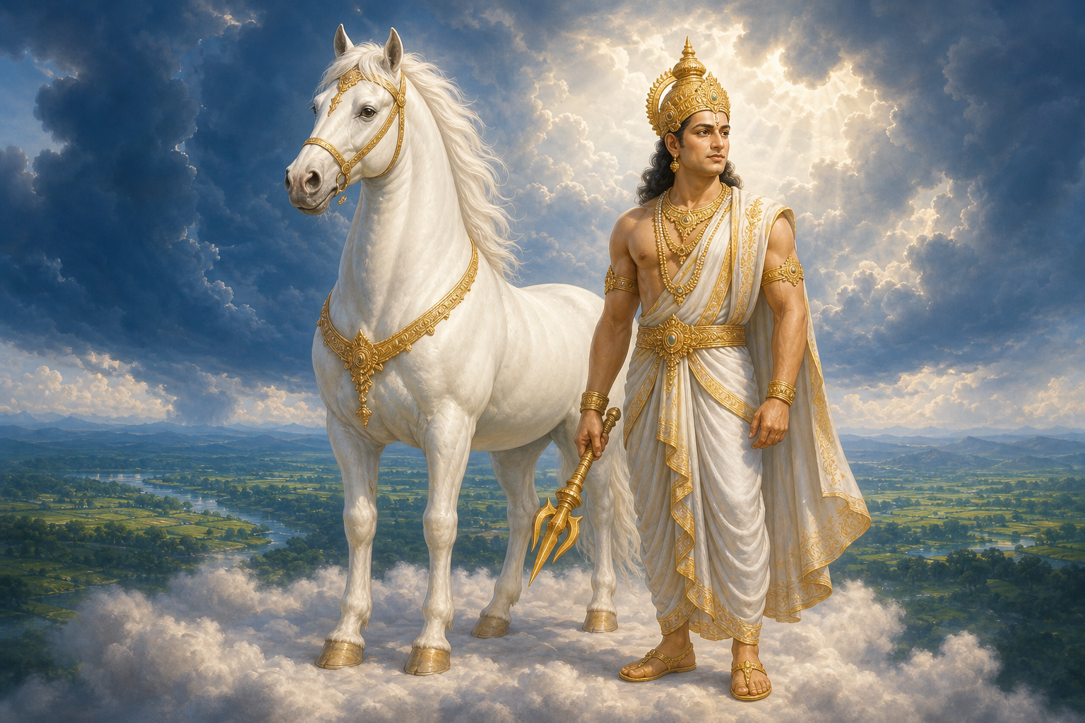 Indra stands beside a powerful white celestial stallion on a cloud terrace above green land and rain clouds.