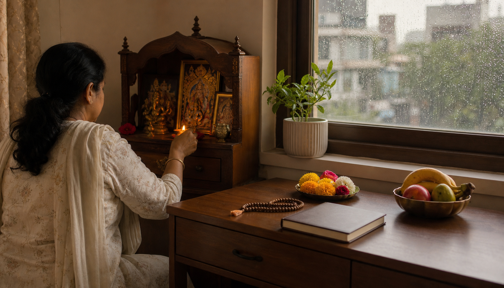 A devotee lights a brass oil lamp at a home shrine beside a tidy desk with prayer beads, flowers, and fruit.
