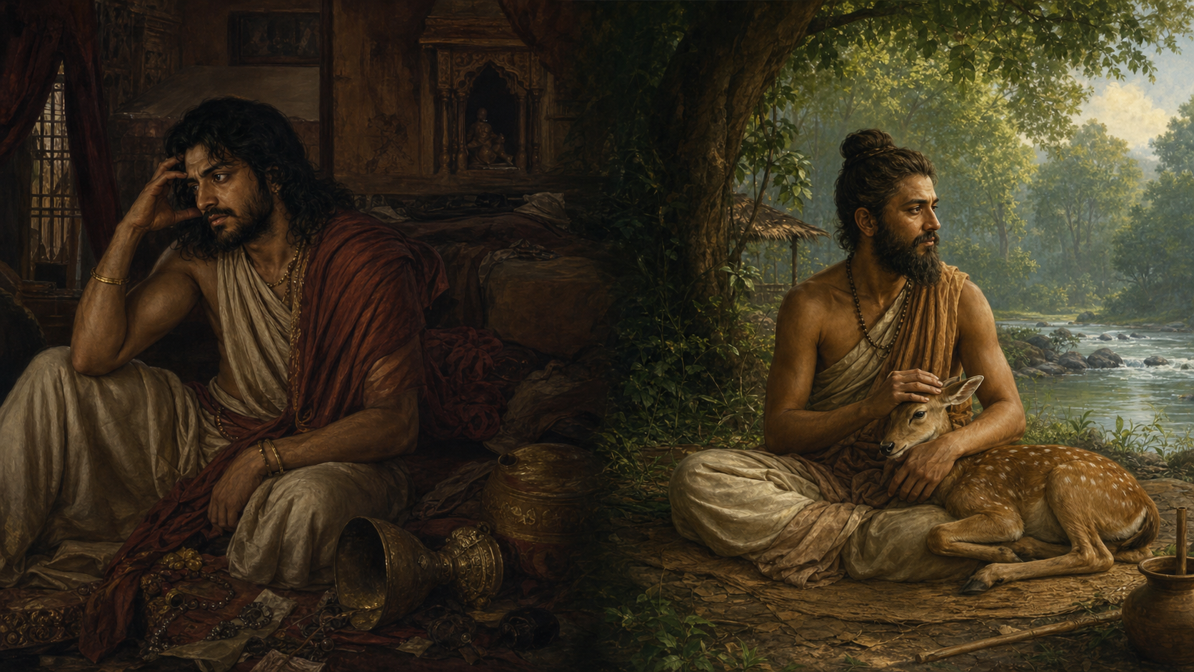 Ajamila sits in a dim, disordered home while Bharata watches over a fawn at a peaceful forest hermitage.