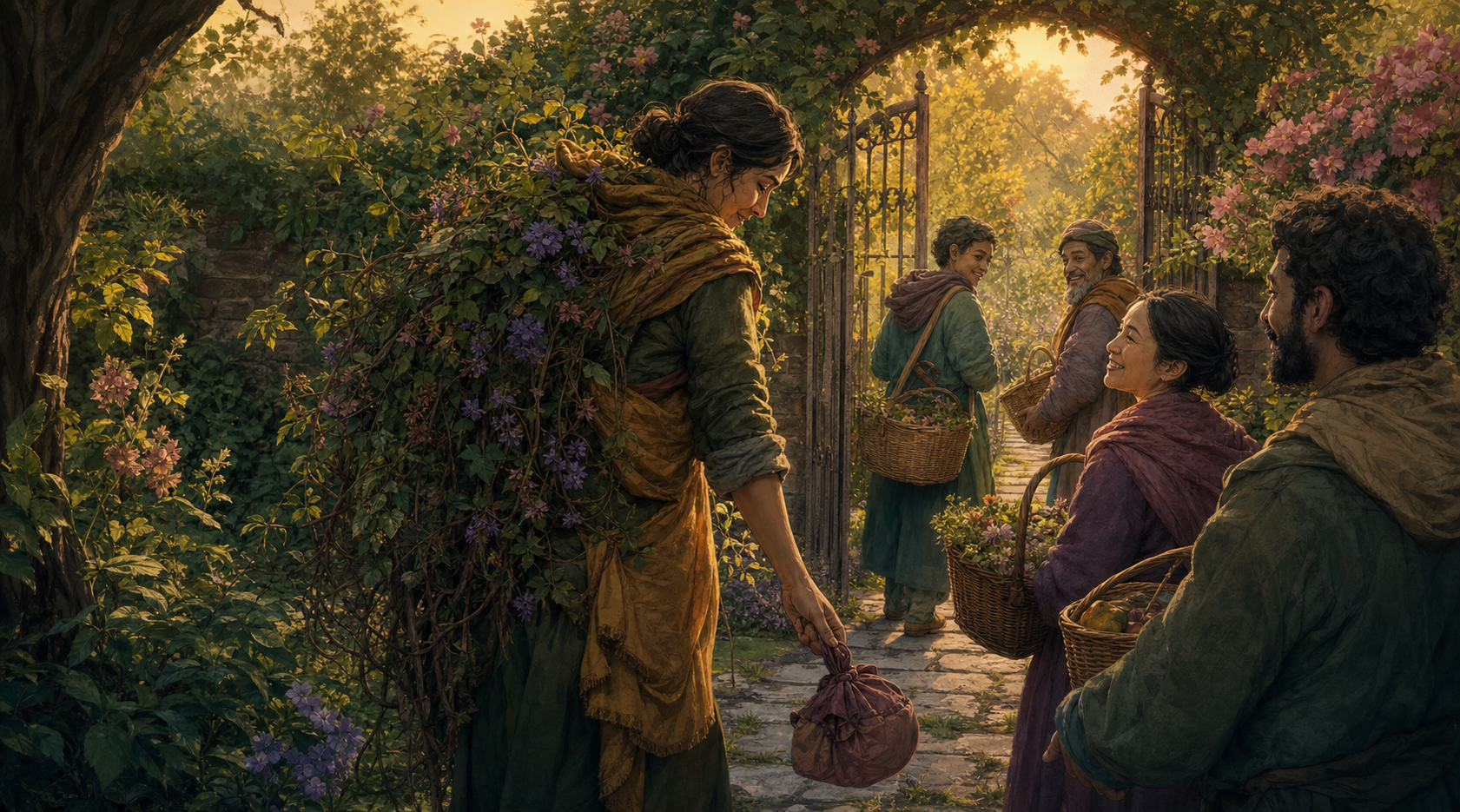 An adult helps others carry baskets through a garden gate while leaving their own bundle on the ground.