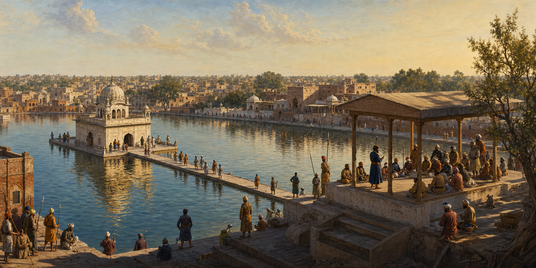 An early seventeenth-century view of Harmandir Sahib and the raised Akal Takht platform facing the sacred pool in Amritsar.
