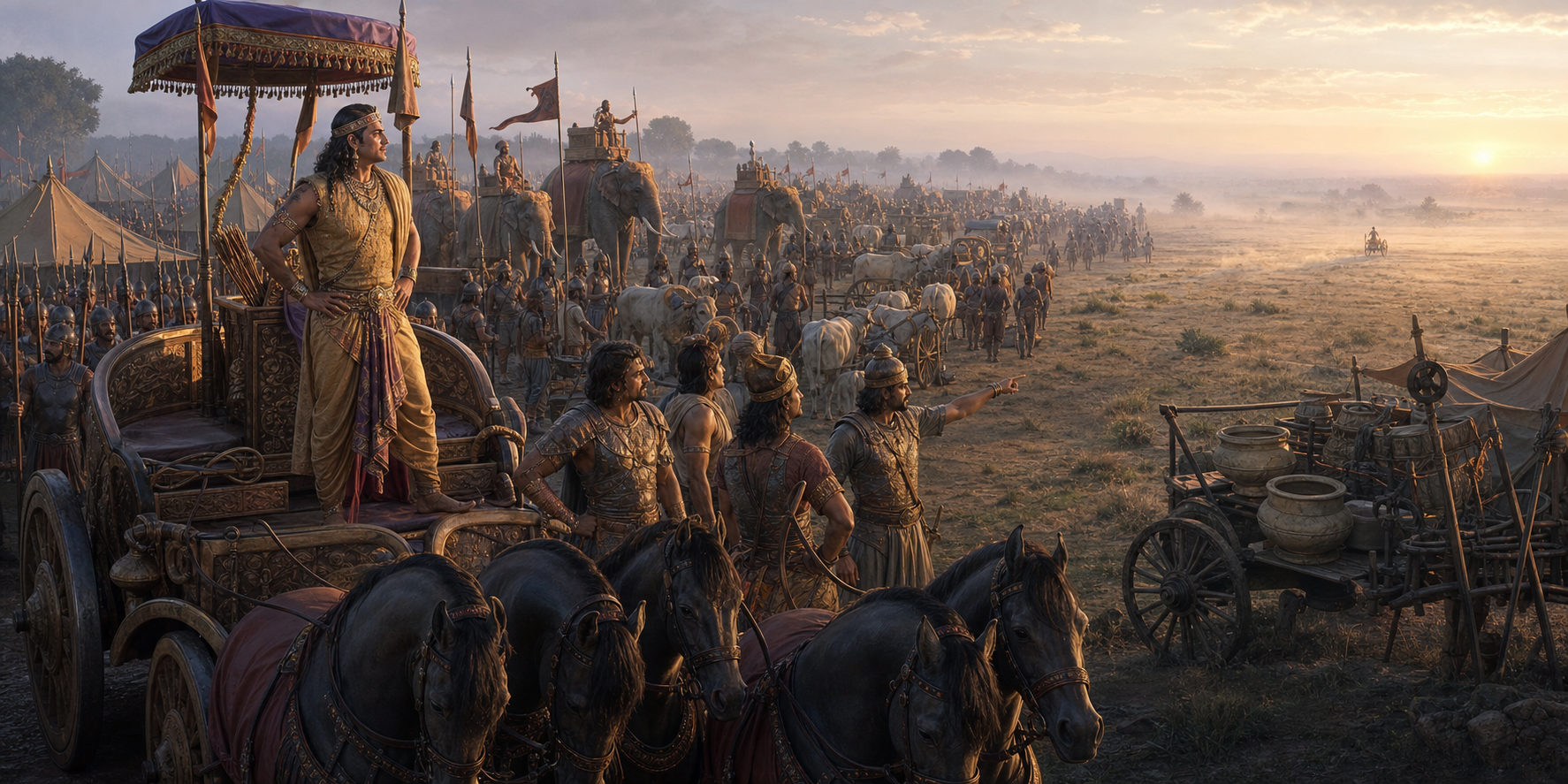 Duryodhana and Kaurava commanders overlook seized cattle as a lone chariot approaches their army across the plains at dawn.