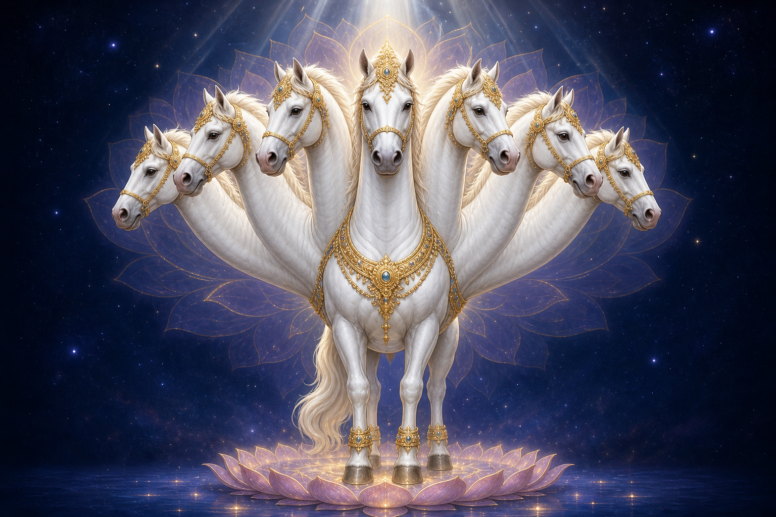 A white celestial horse with seven distinct heads is shown frontally against an indigo background and a lotus-shaped golden aura.