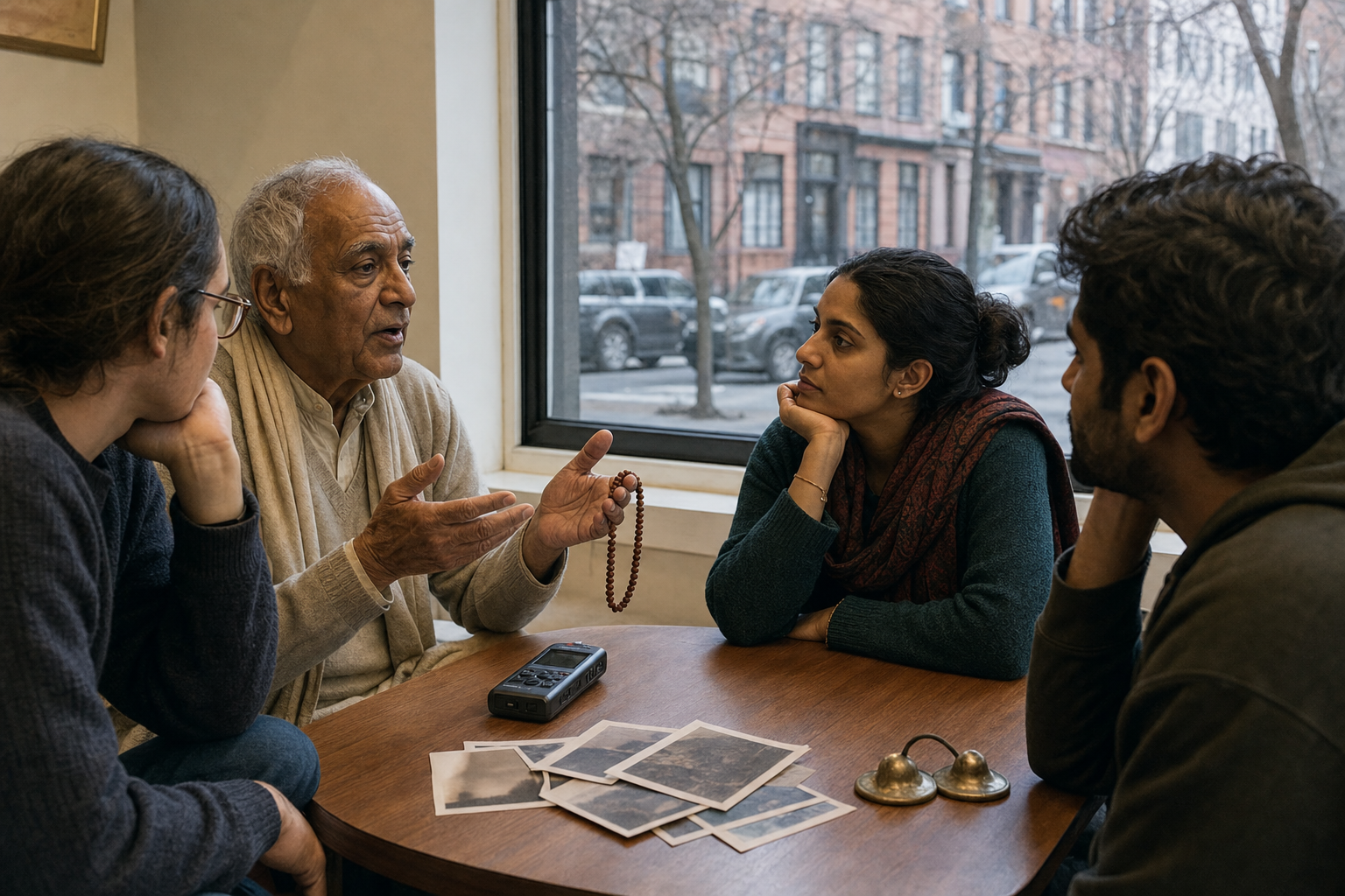 An older devotee shares memories with younger listeners around a table holding a recorder, photographs and hand cymbals.