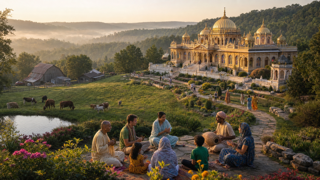 Devotees hold an outdoor kirtan near the Palace of Gold, with grazing cows and misty Appalachian hills at New Vrindaban.