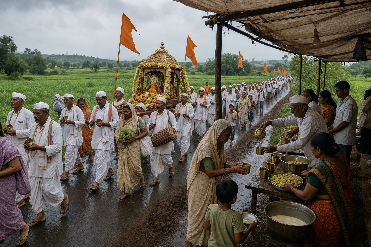 Wari pilgrims walk and sing beside a decorated palkhi while roadside volunteers distribute water and meals.