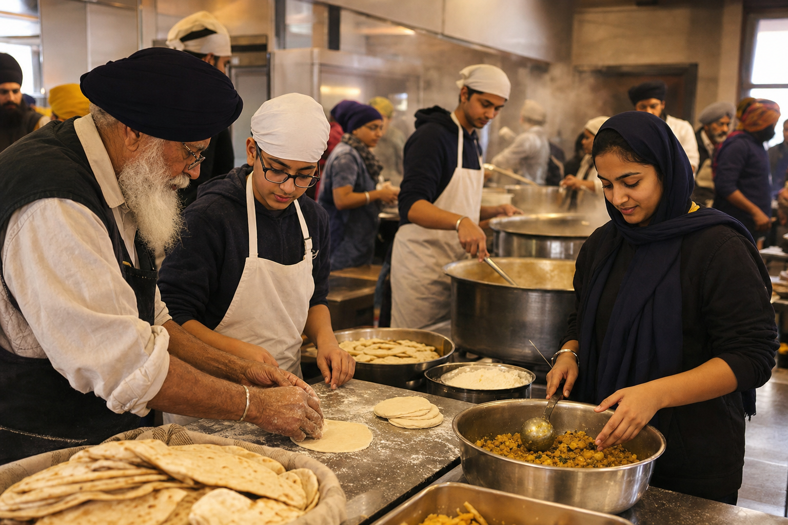 Sikh elders, teenagers, and adults prepare flatbread and vegetables together in a gurdwara communal kitchen.