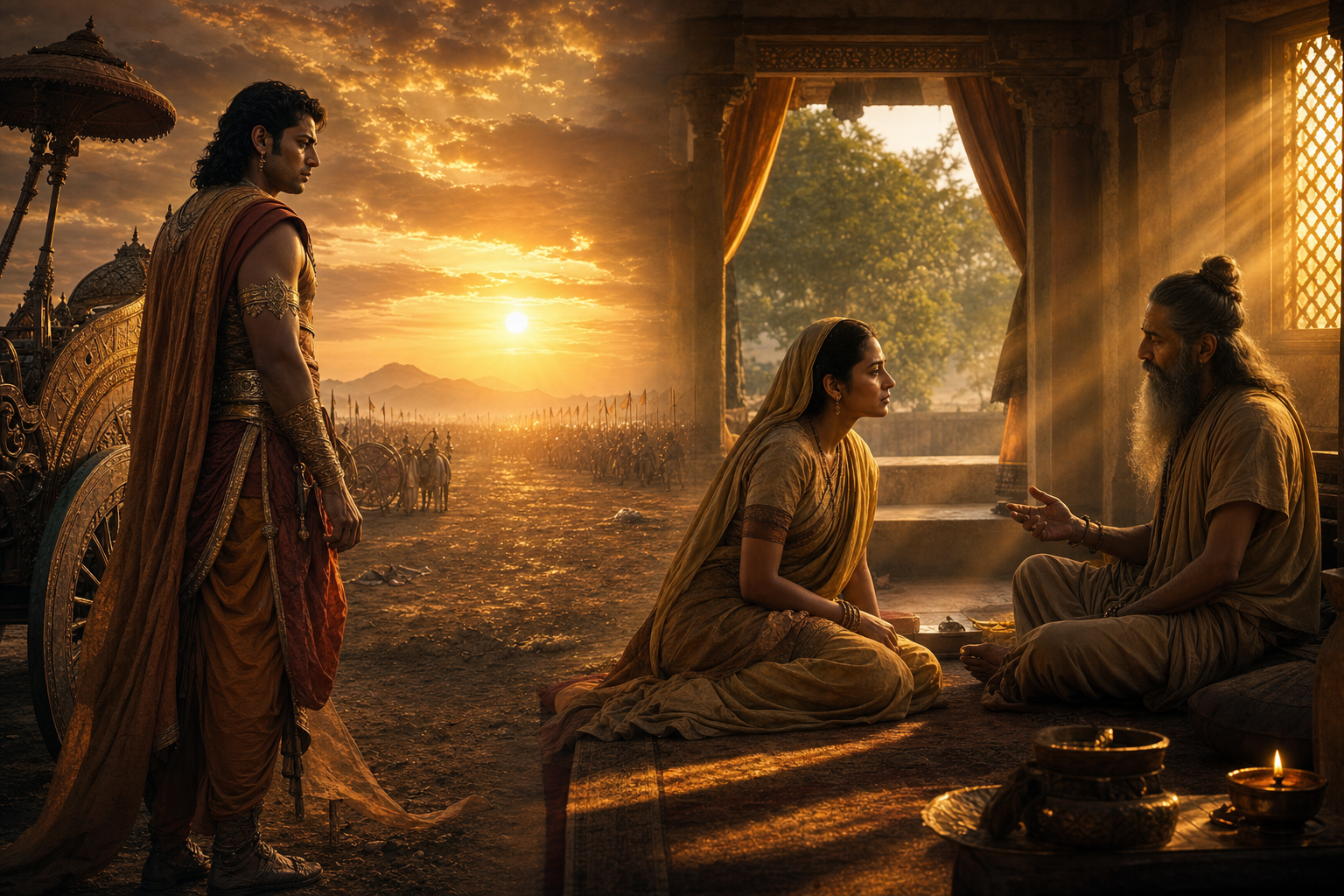 A warrior confronting duty beside a chariot is paired with a woman and sage discussing a promise inside a household chamber.