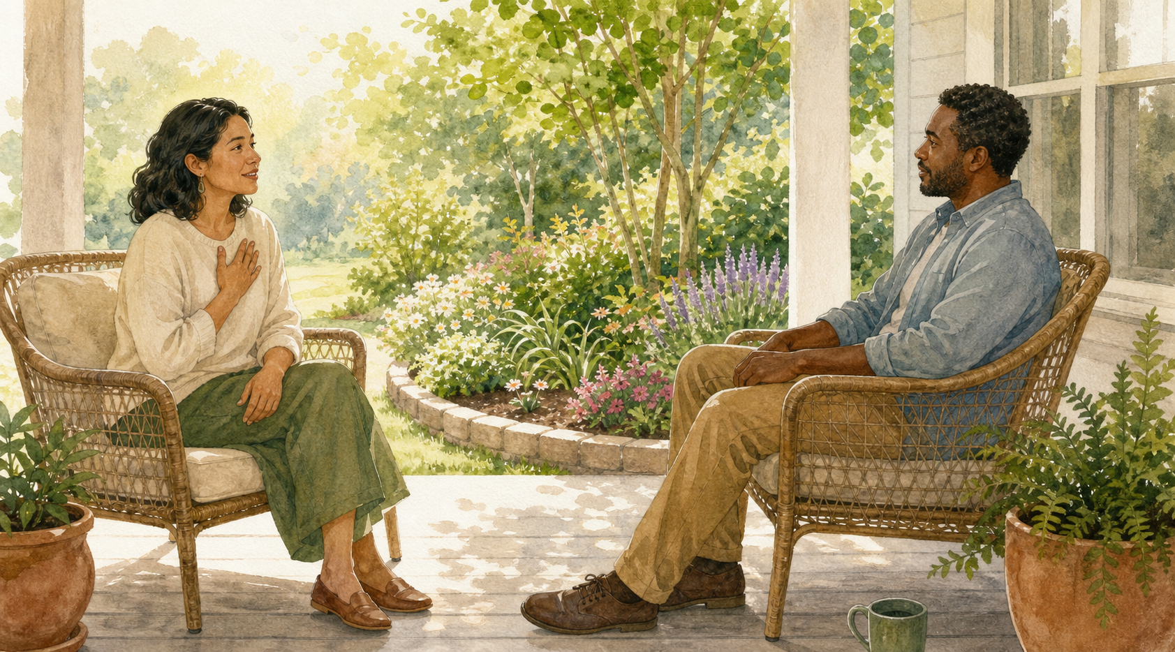 Two adults speak calmly from separate chairs beside a low curved garden border.