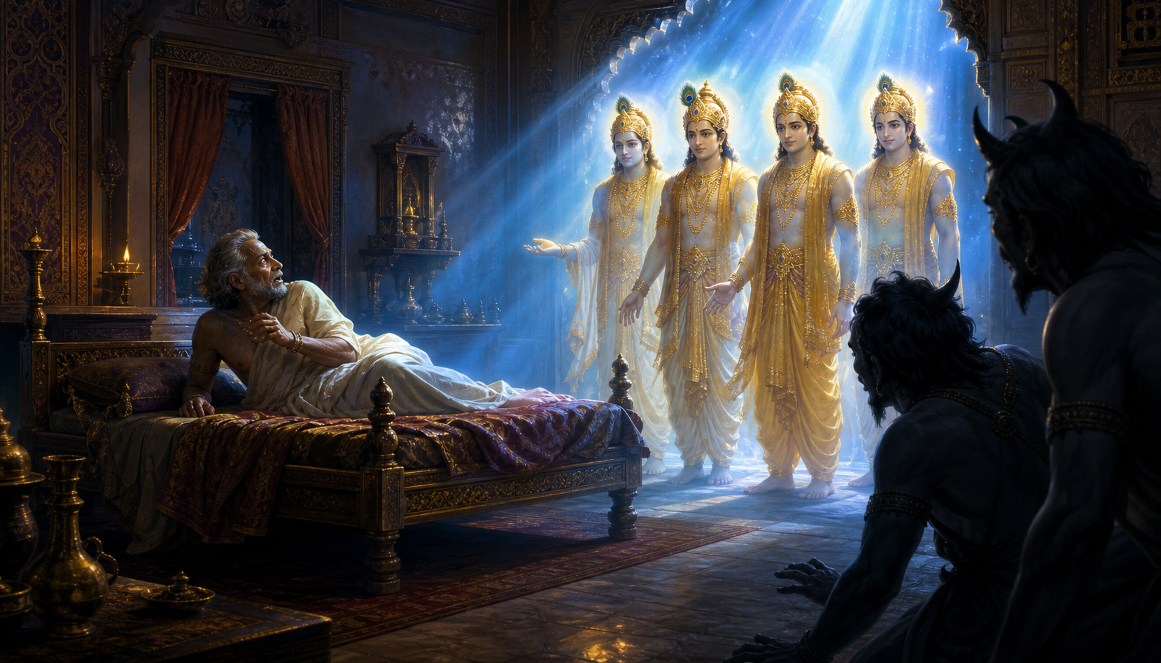 Four luminous celestial guardians stand beside the bedridden Ajamila as shadowy figures withdraw at the edge of the room.