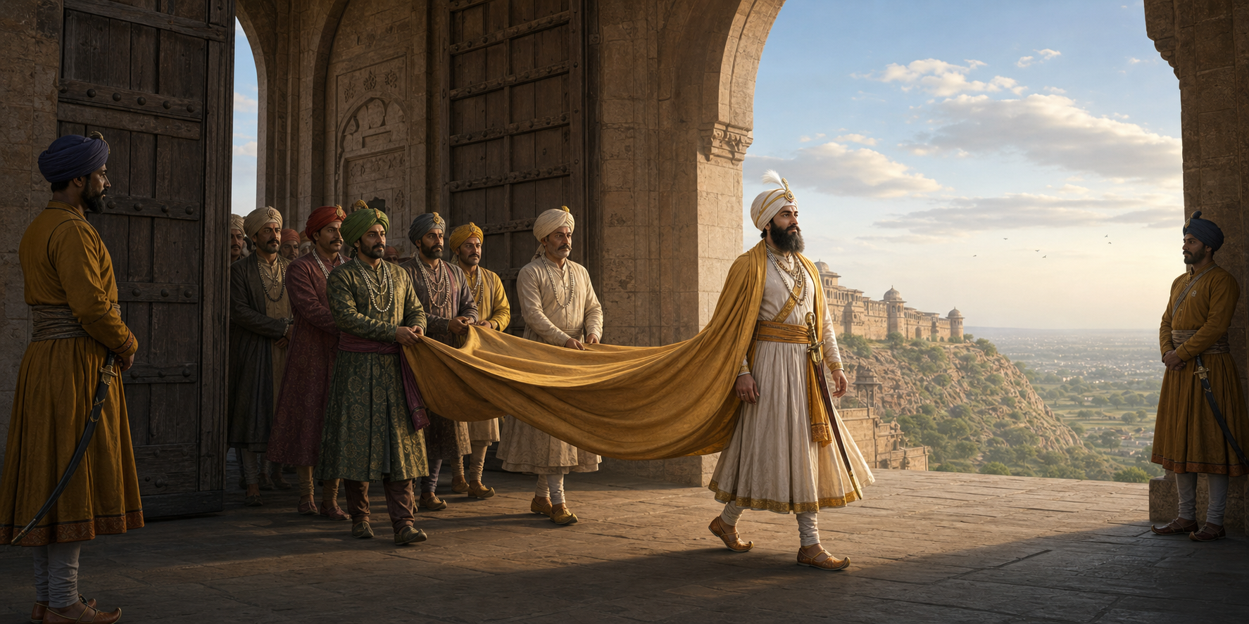 Guru Hargobind Sahib leads a peaceful procession of freed prisoners through the stone gateway of Gwalior Fort.