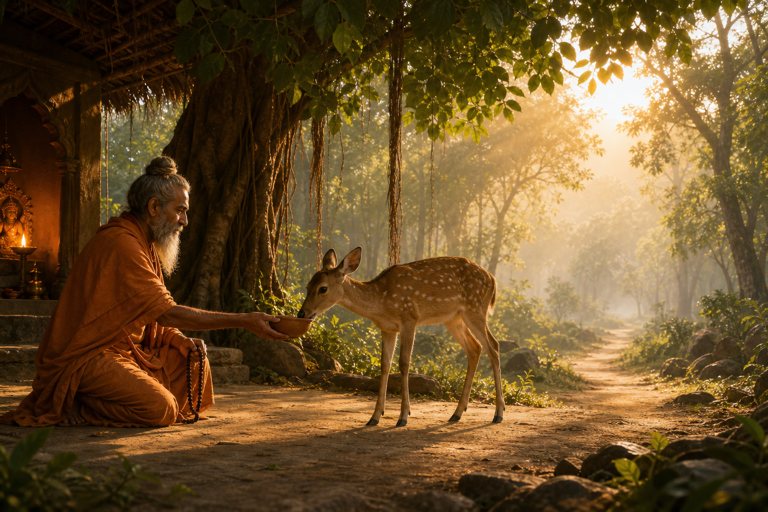 A forest ascetic offers water to a young deer beside an open path while holding meditation beads near a glowing shrine lamp.