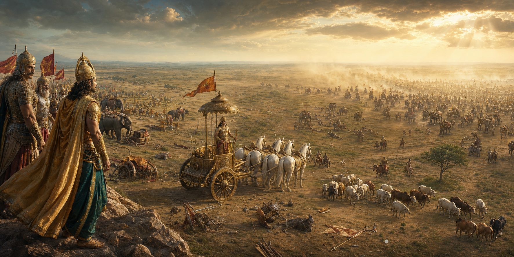Arjuna's chariot overlooks retreating Kaurava formations as cattle move back toward Matsya and Kaurava leaders observe from a ridge.