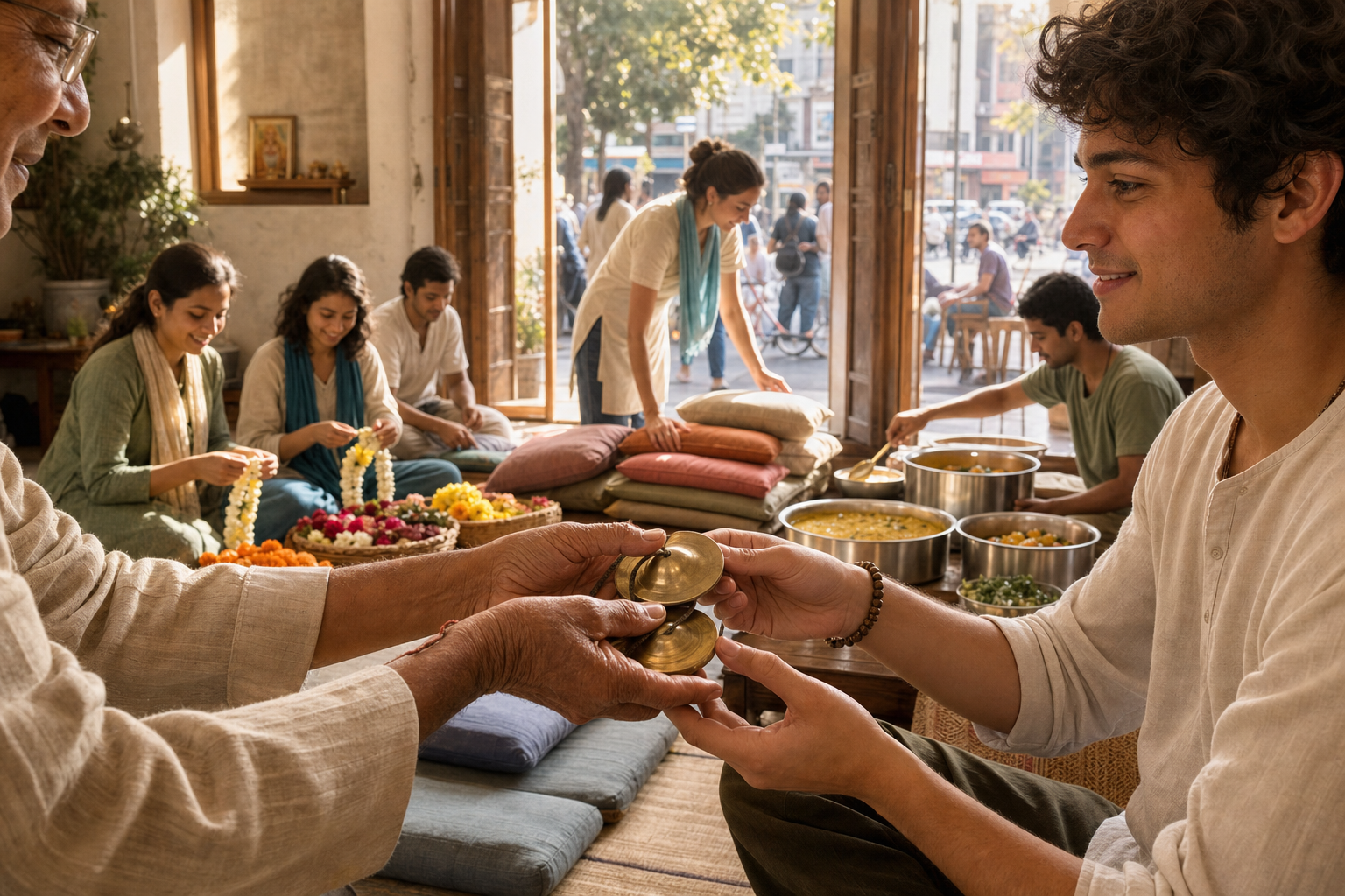 An elder passes hand cymbals to a young adult as volunteers prepare flowers, seating and food in a storefront community space.